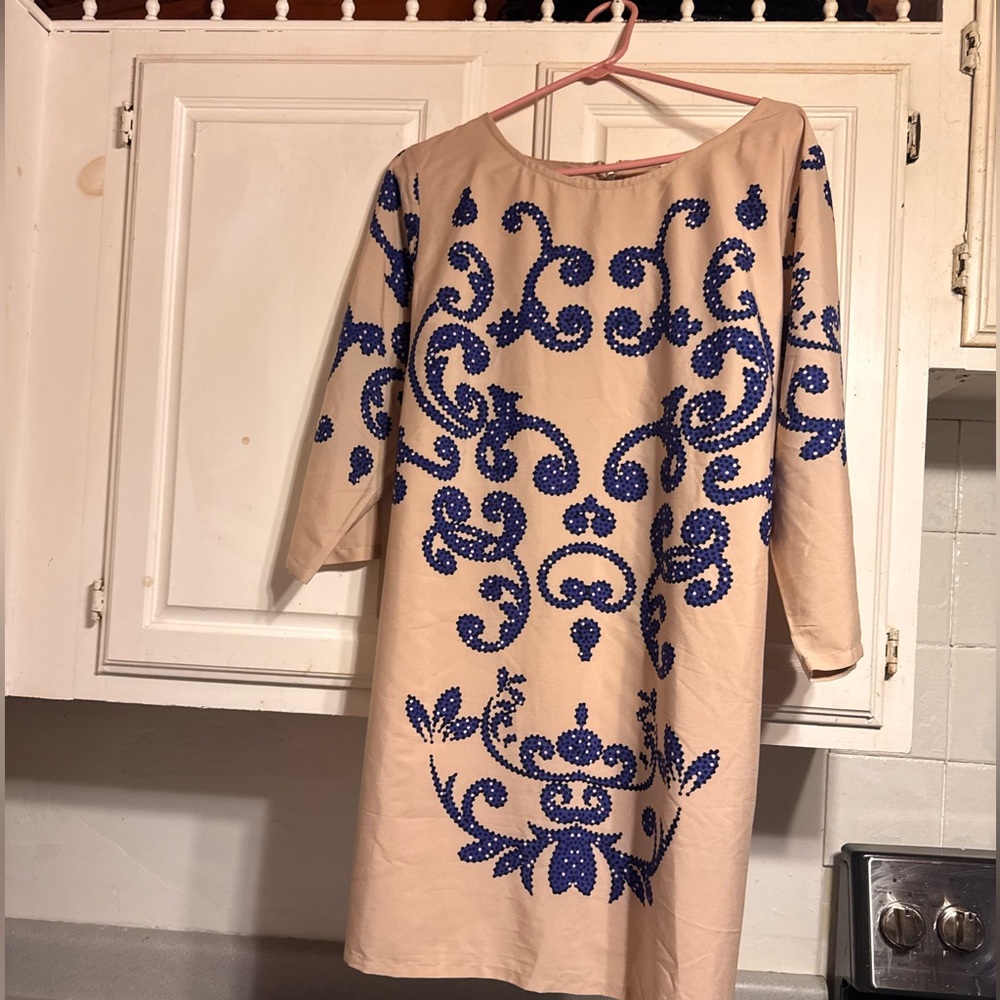 Elegant Blue and Cream Dress